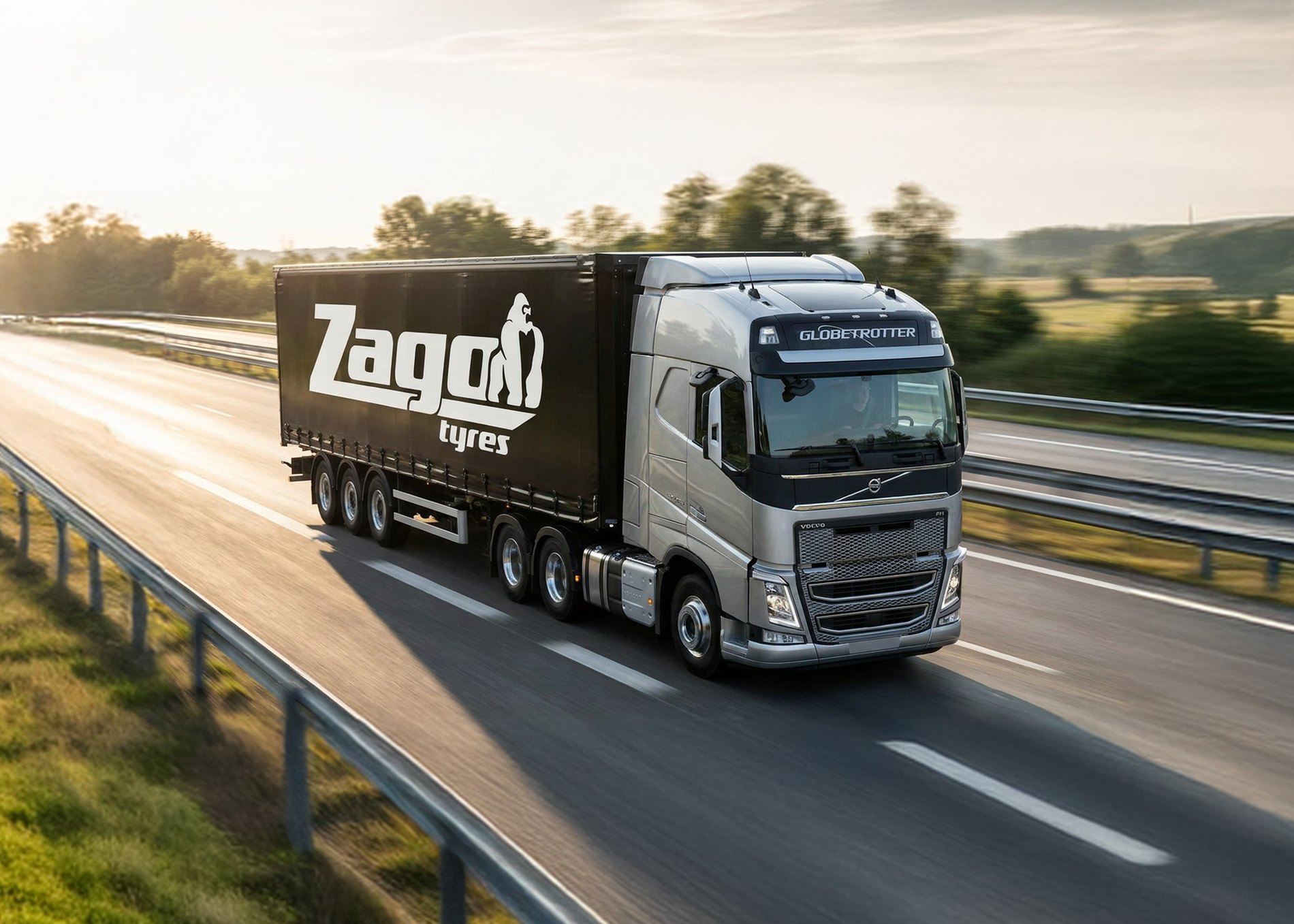 Caminhão com baú ZAGO TYRES em rodovia — linha Z722