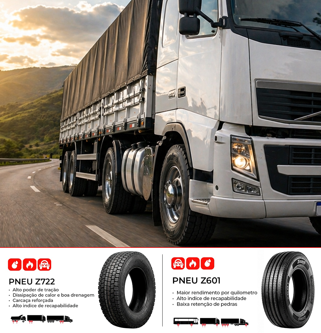 Caminhão na estrada com informações dos pneus ZAGO TYRES Z601 e Z722