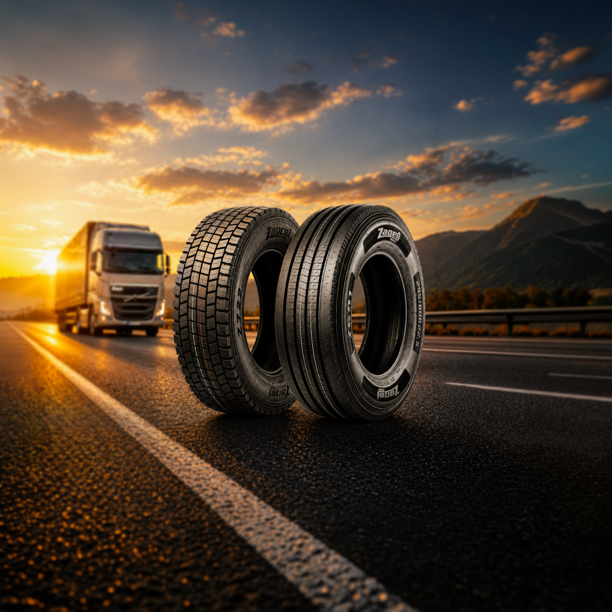 Pneus ZAGO TYRES na estrada com caminhão ao fundo